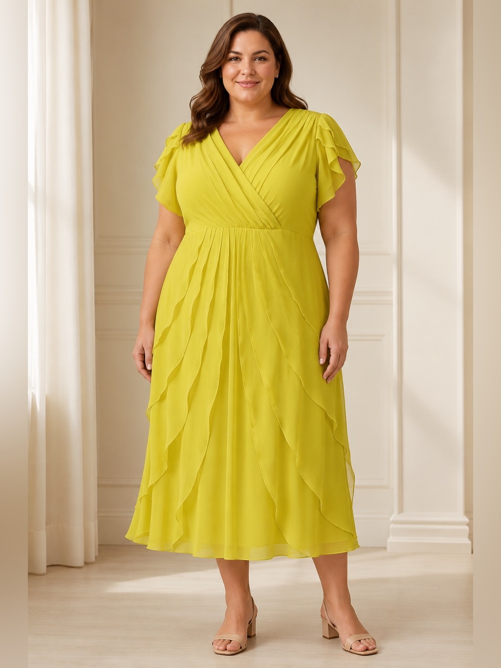 Roaman's Chartreuse Layered Ruffle Surplice Midi Dress